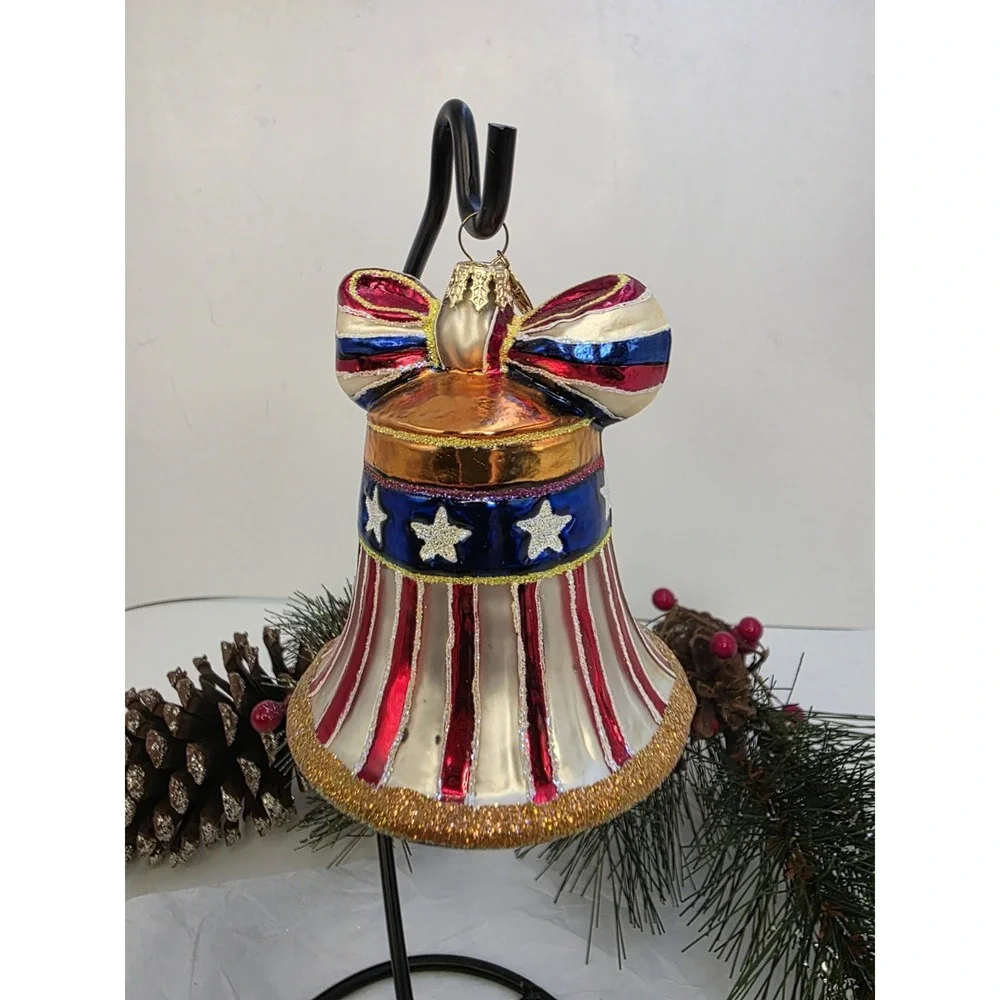 Christopher Radko Patriotic Bell Ornament Stars Stripes Red White Blue 3.5